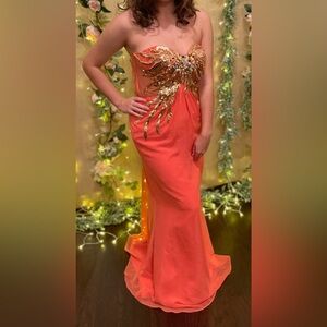 068 Elegant Orange Strapless Dress with Gold Accents